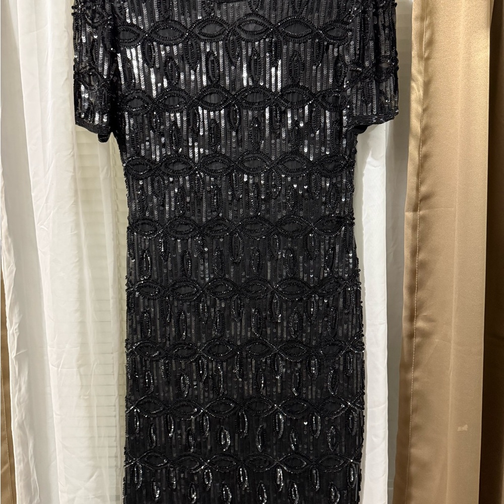 Sweelo 100% Silk Vintage Chic Black Midi Dress with Sequin and Beaded Details